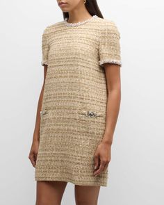 Get free shipping on Versace Beaded Border Tweed Mini Dress at Neiman Marcus. Shop the latest luxury fashions from top designers. Tweed Mini Dress, Embroidered Border, Donatella Versace, Tweed Dress, Gianni Versace, Maternity Dresses, Welt Pockets, Round Neckline, Neiman Marcus