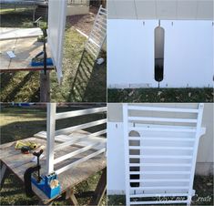 four different views of the back of a white fence with tools on top and below