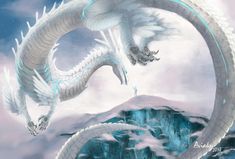 a large white dragon flying over a mountain