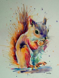 a watercolor painting of a squirrel eating something