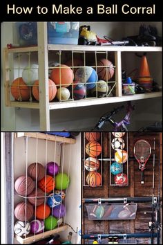 there are many balls and rackets in this room with the words how to make a ball corall