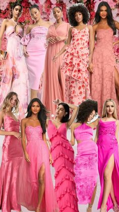 a collage of models in pink dresses with flowers on the wall and behind them