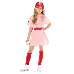 PRICES MAY VARY. Cover all the bases with this adorable baseball costume for kids! This product includes a pink baseball dress with red belt, red ball cap, and red long socks for the complete sporty look This pink baseball costume comes in 5 sizes: Toddler 3-4 years, Small, Medium, Large and XL. Please see the size chart in the images for more information to find the perfect fit This high-quality girls baseball dress is complete with the hat and socks for added authenticity. The badges, details, Pink Baseball Outfit, Baseball Dress Outfit, Baseball Player Costume, Baseball Dress, Baseball Costumes, Halloween Costume Toddler Girl, Sports Costume, Baby Costumes Girl, Baseball Girls