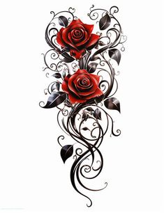 two red roses with black leaves and vines on the side of a white sheet paper