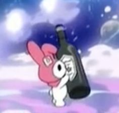 a cartoon character holding a wine bottle in the air with clouds and stars behind it