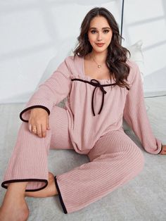 Bowknot Tie 2-Sided Fleece Long Sleeve & Long Pants Casual Pajama Set Baby Pink Casual-Woman  Long Sleeve Flannelette Plain Pant Sets Non-Stretch All,Fall/Winter Women Plus Sleep and Lounge, size features are:Bust: ,Length: ,Sleeve Length: Long Pants Casual, Stand Collar Top, Plain Pants, Long Sleeve Denim Jacket, Plus Size Pajamas, Pant Sets, Women's Shapewear, Pants Casual, Loose Pants