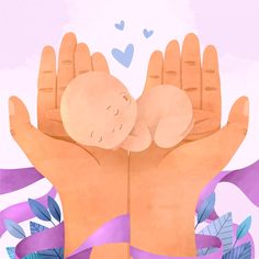 a hand holding a baby in it's palm with hearts flying above the palms