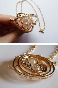 two pictures of gold necklaces with words on them