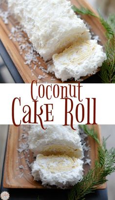 coconut cake roll on a wooden cutting board