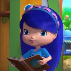 a cartoon girl with blue hair holding a book