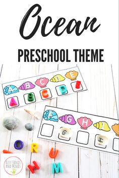 an ocean preschool theme with the words ocean and letters on it, along with other items