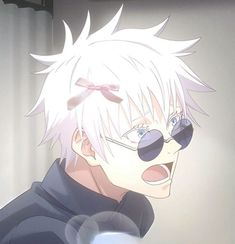 an anime character with white hair and sunglasses looking at something in the distance while wearing glasses