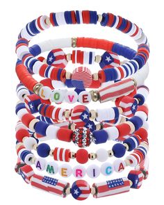 PRICES MAY VARY. 🇺🇸America Beads Bracelets🇺🇸Includes 7 pcs of American flag bracelets. designed in the classic flag colors of red, blue and white, Important item to show your love to this great America. 🇺🇸Classic Design🇺🇸These 4th of July bracelets feature the classic stars and red stripes on the flag, honoring the glorious history and spirit of America. Support our country with this bracelet. 🇺🇸Quality Materials🇺🇸These patriotic bracelets are made of clay beads,USA letter beads, are 4th Of July Bracelets, American Themed Party, Usa Bracelet, Patriotic Bracelet, American Independence, Beads Bracelets, Letter Beads, Elastic Bracelet, Handmade Clay