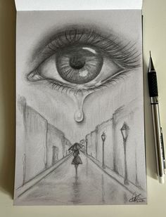 a drawing of an eye with a person walking down the street in front of it