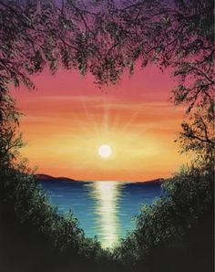 a painting of the sun setting over water with trees and bushes in front of it