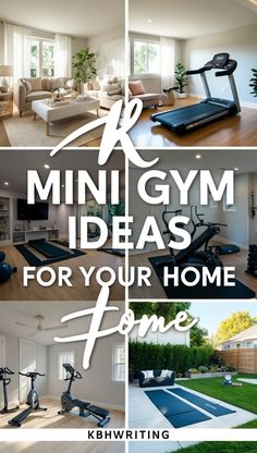 a series of photos with the words mini gym ideas for your home, including treadmills and exercise equipment