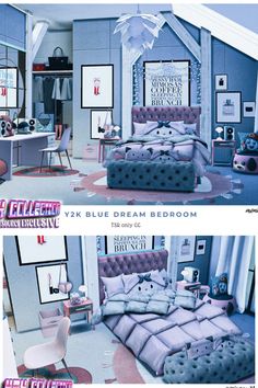 two pictures of a bedroom with blue and purple decor on the walls, one in pink