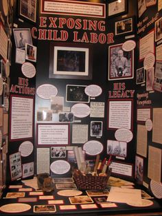 a display in a museum with pictures and information on the wall that says exposing child labor