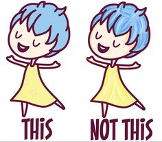 two cartoon girls with blue hair, one is wearing a yellow dress and the other says not