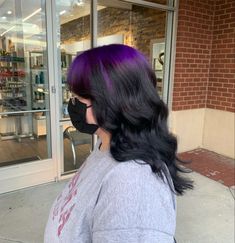 Blue To Black Hair Ombre, Black Roots Purple Hair Ombre, Purple Shadow Root Black Hair, Purple Roots And Black Hair, Black Roots With Purple Hair, Colour Roots Black Hair, Vivid Roots Black Hair, Colored Roots Dark Hair, Dark Green Roots Black Hair