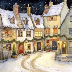 a painting of a snowy village with houses