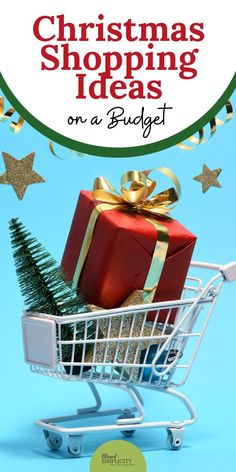 a shopping cart with presents in it and the text christmas shopping ideas on a budget