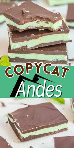 several pieces of chocolate and mint green candy with text overlay that reads copycat andess