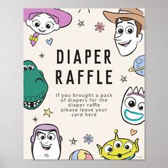 a children's birthday card with an image of cartoon characters and the words diaper raffle on it