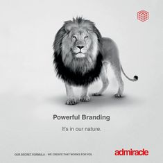 a lion standing in front of a white background with the words powerful branding it's in our nature