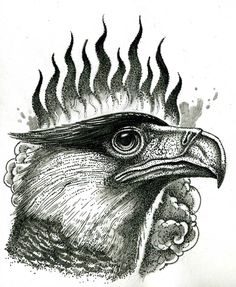 a drawing of an eagle's head with flames coming out of its beaks