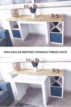 two pictures of a desk with shelves and vases on it, one is white and the other is blue