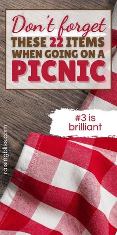 a red and white checkered table cloth with the words don't forget these 2 items when going on a picnic