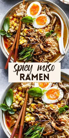 two bowls filled with noodles and vegetables next to chopsticks on top of the bowl