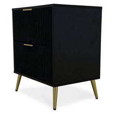 a black and gold cabinet with two drawers on one side, against a white background