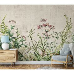 the wallpaper is decorated with flowers and plants