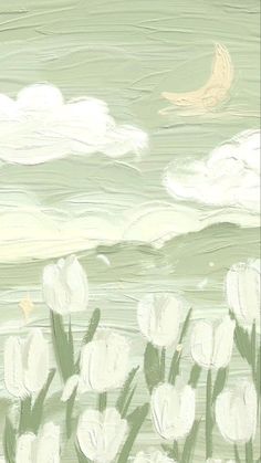 a painting of white flowers and a bird flying in the sky with clouds behind them