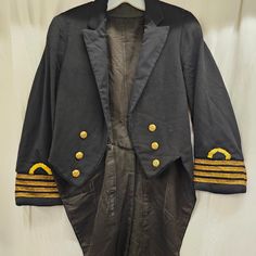 Pre-Wwii Royal Naval Captain's Style Tailcoat With N.S. Meyer Gold Gilt Buttons (Est. 1906) No Tags Inside, Only A Name Written In The Inner Flap Of One Of The Tails. This Coat Is In Excellent Condition. Measurements: 32" Chest 22.5" Sleeves 39.5" Length Uniform Style Long Sleeve Costume Outerwear, Long Sleeve Uniform Style Outerwear For Costume, Vintage Outerwear With Epaulettes For Costume, Vintage Costume Outerwear With Epaulettes, Sailor Suit, A Name, Vintage Wool, Blue Gold, Blue Man