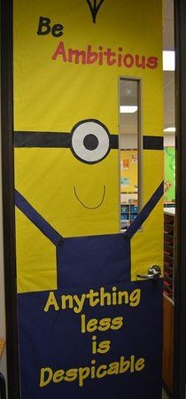 a door decorated with a despicable minion for an office or school hallway