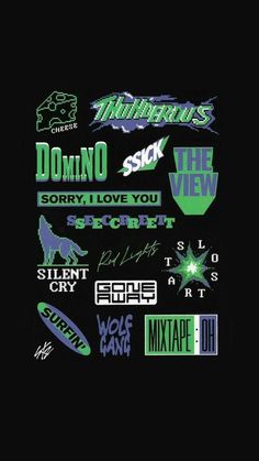 some stickers that are on the back of a black shirt with green and blue lettering