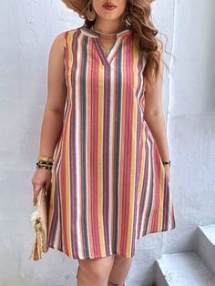 Plus Striped Notched Neckline Dress Multicolor Casual  Sleeveless Woven Fabric Striped Tunic Non-Stretch  Women Plus Clothing, size features are:Bust: ,Length: ,Sleeve Length: Simple Frocks, 2piece Outfits, Short Dress Styles