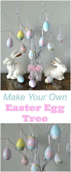 an easter tree with painted eggs hanging from it and the words make your own easter egg tree