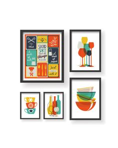 four framed art pieces on the wall with different types of food and drinks in them