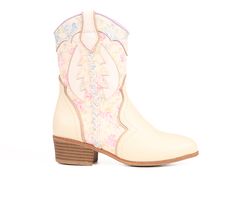 Giddy up and go with the Girls' MIA Petunya Cowboy Boots, where fun meets western flair! These boots are perfect for adding a dash of adventurous spirit to her wardrobe, with just the right amount of cowboy charm. Let her trot into style and make every day feel like a rodeo ride! Classic cowboy boot design, Faux leather, textured upper, Pull-on style with side zipper, Approx. 1.5\ heel height, Decorative stitching, Available in little kid and big kid sizes, Cushioned insole | Girls' MIA Petunya Cowboy Boot in White/Blue/Pink Size 12 - Little Kid Kids Cowgirl Boots, Kids Cowboy Boots, Classic Cowboy, Boot Design, Decorative Stitching, Cowboy Boot, Designer Boots, Big Kid, Cowgirl Boots