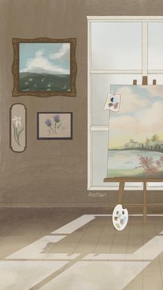 an artist's easel in front of a window with paintings on the wall