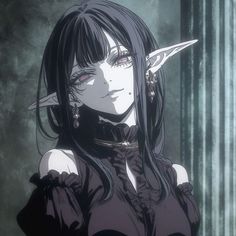 an anime character with long black hair and horns on her head, staring at the camera