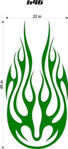 a green flame decal on the side of a white wall with measurements for it