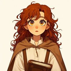 a girl with long red hair wearing a cloak and holding a book in her hands