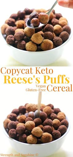 copycat keto reese's puffs cereal homemade Sugar Free Cereal, Sugar Free Breakfast, Keto Cereal, Gluten Free Cereal, Reese's Puffs, Dairy Free Snacks, Healthy Cereal