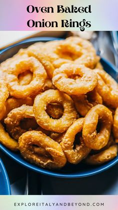 onion rings in a blue bowl with text overlay