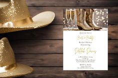 a cowboy hat and boots are next to a card with the word, bridal party